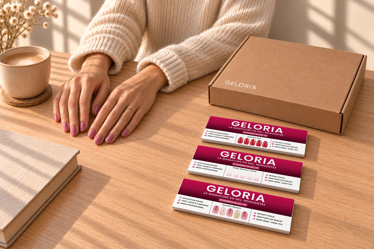 Deux mains aux ongles rose mauve sur une table en bois, près d'une boîte kraft Geloria et de trois étuis de bandes de gel