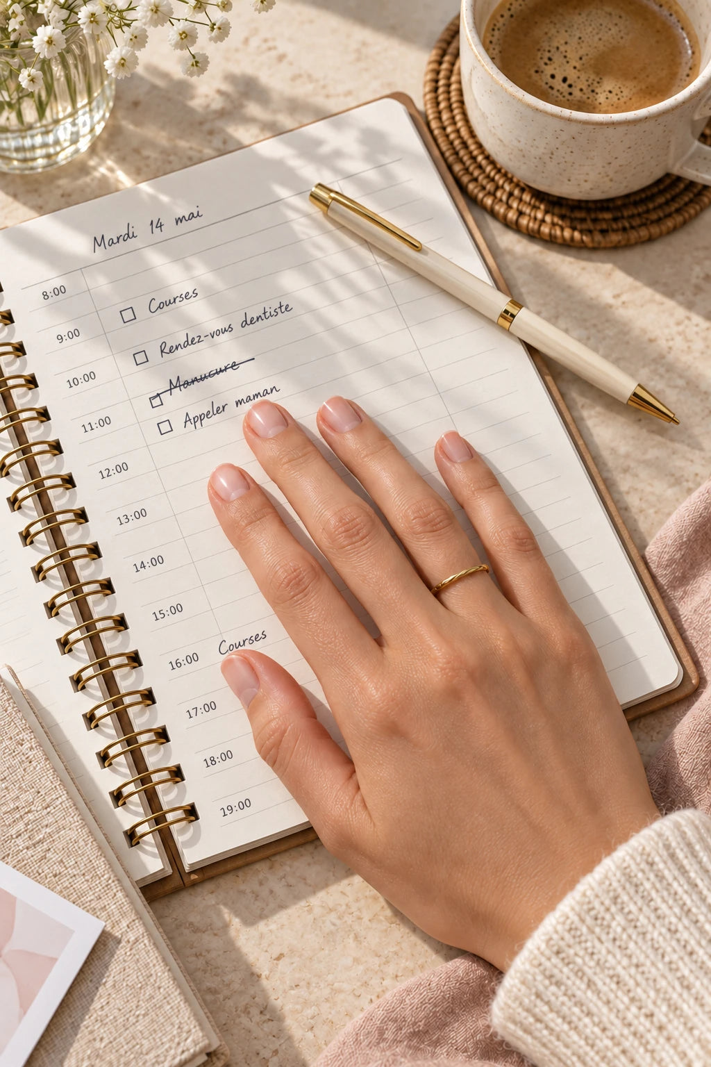 Main aux ongles nus posée sur un agenda où le rendez-vous manucure est barré, une tasse de café à côté