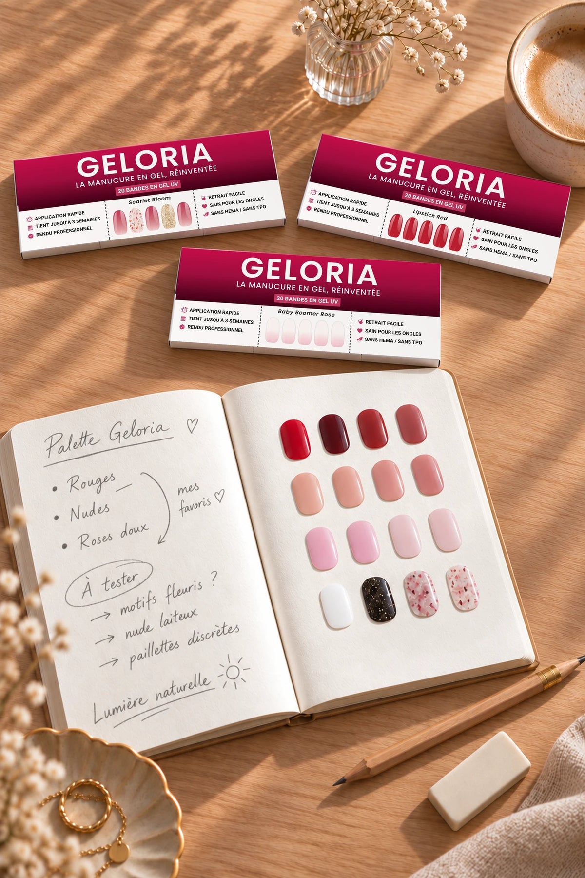 Carnet ouvert avec un nuancier de couleurs d'ongles, trois étuis Geloria posés au-dessus