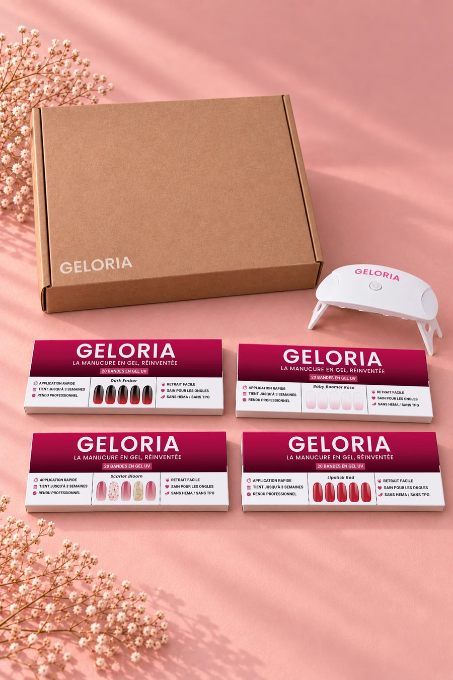 Boîte Geloria, quatre étuis de bandes de gel et la lampe LED UV