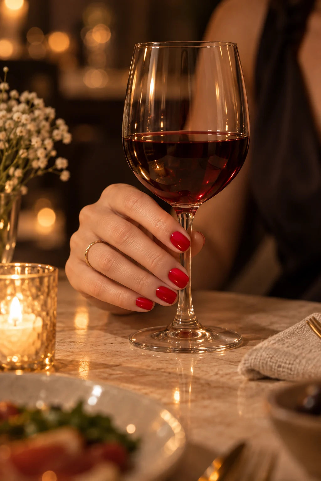 Main aux ongles rouge vif tenant un verre de vin lors d'un dîner aux bougies