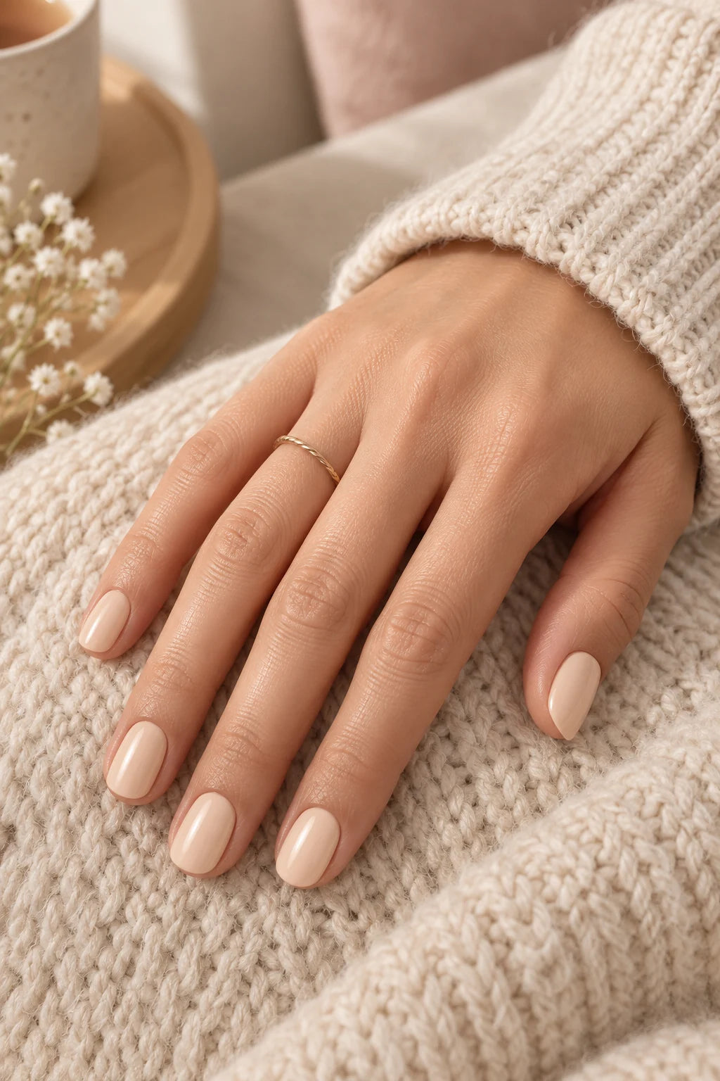 Main aux ongles nude pêche posée sur un pull en grosse maille beige