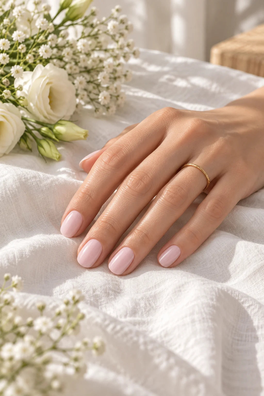 Main aux ongles rose laiteux posée sur un drap de lin blanc près de fleurs blanches