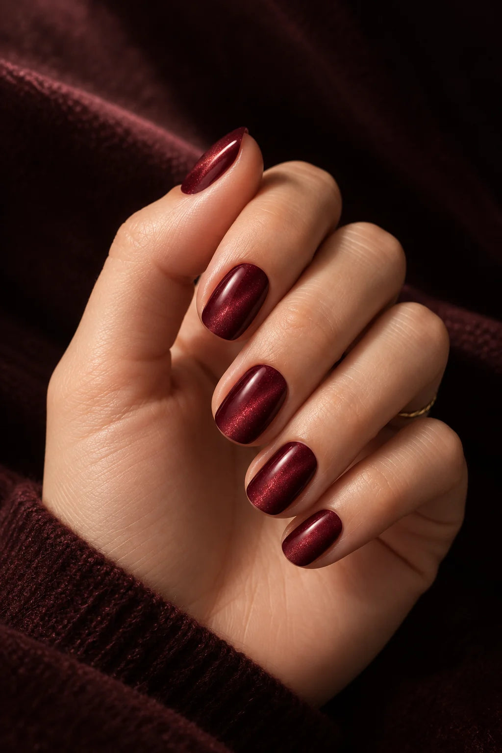 Main aux ongles bordeaux à reflet cat eye sur un fond sombre