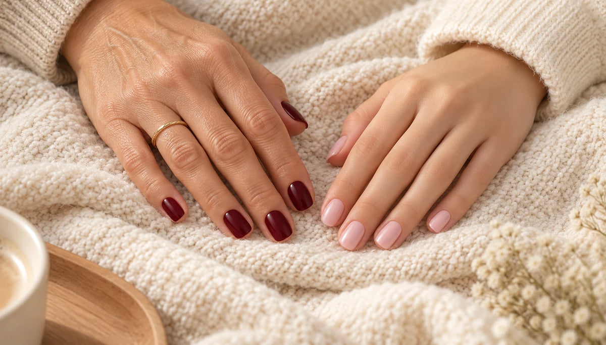 Main d'une mère aux ongles bordeaux et main de sa fille aux ongles rose laiteux, côte à côte sur un plaid