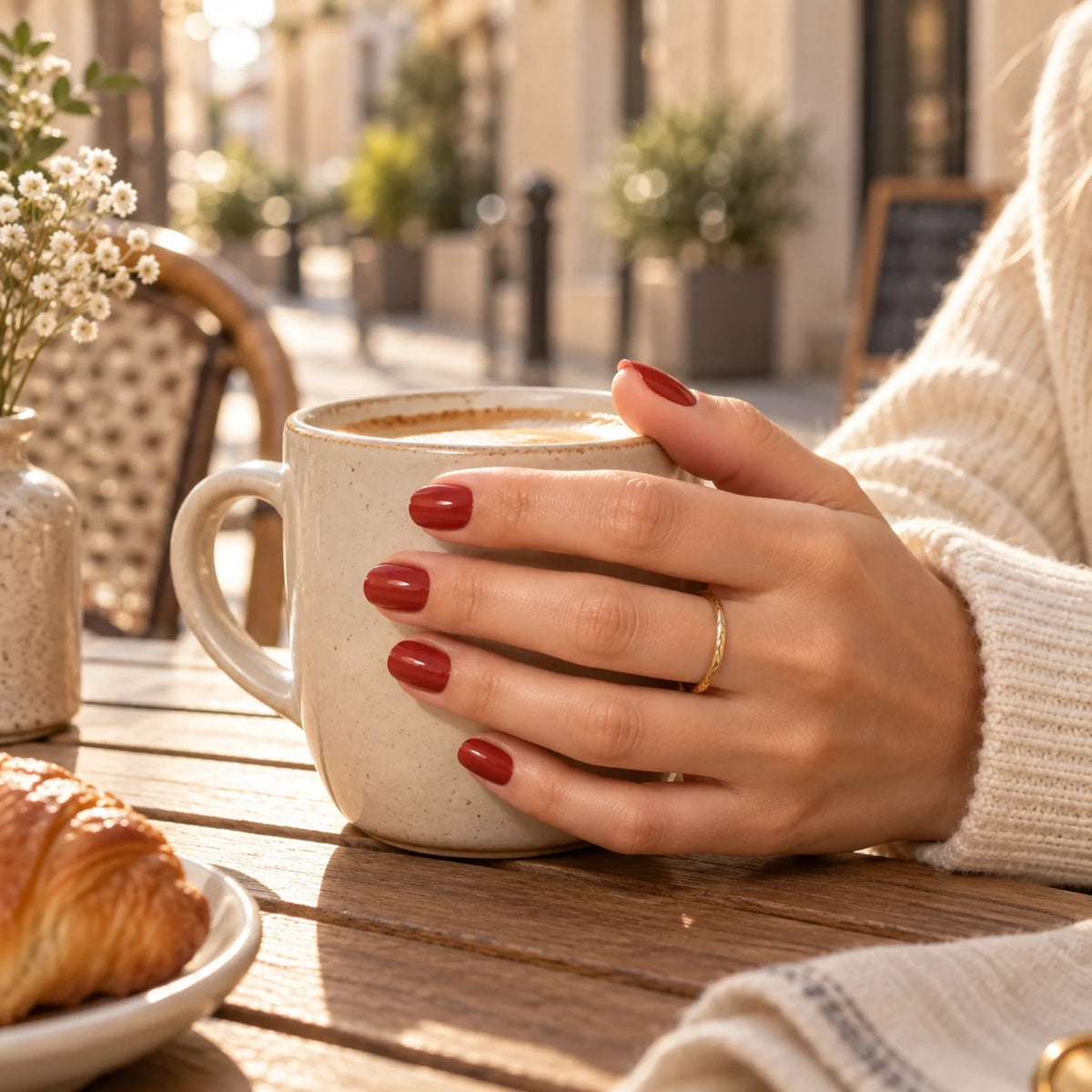 Main aux ongles rouge brique autour d'une tasse de café en terrasse