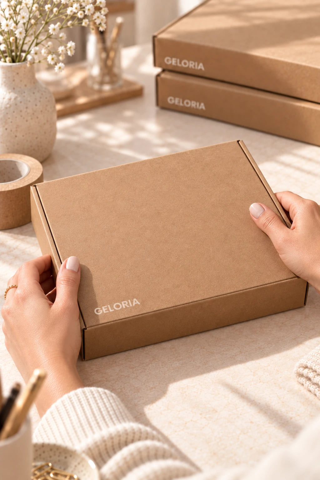 Deux mains posant une boîte kraft Geloria sur une table de travail