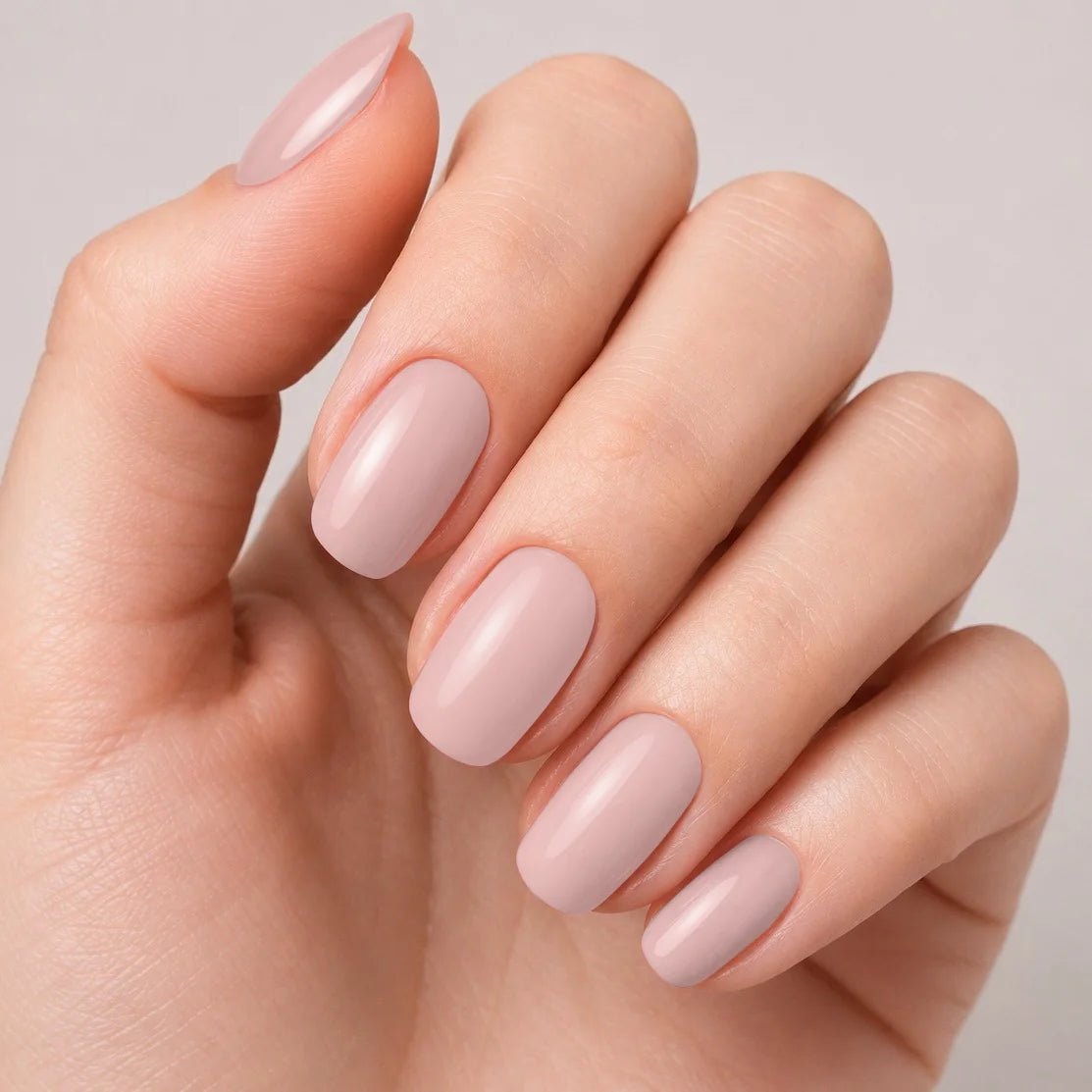 Bandes de vernis gel semi-permanent Geloria Dusty Rose posées sur une main