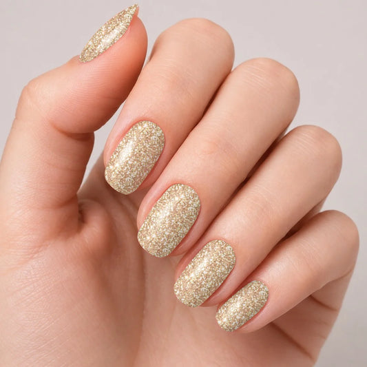 Bandes de vernis gel semi-permanent Geloria Golden Hour posées sur une main