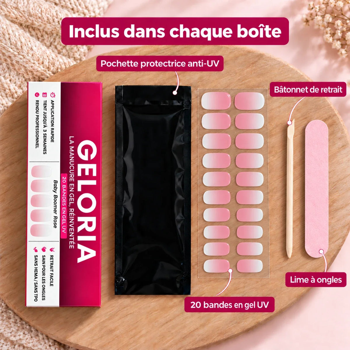 Contenu d'un étui Geloria : 20 bandes en gel UV, pochette protectrice anti-UV, bâtonnet de retrait et lime à ongles