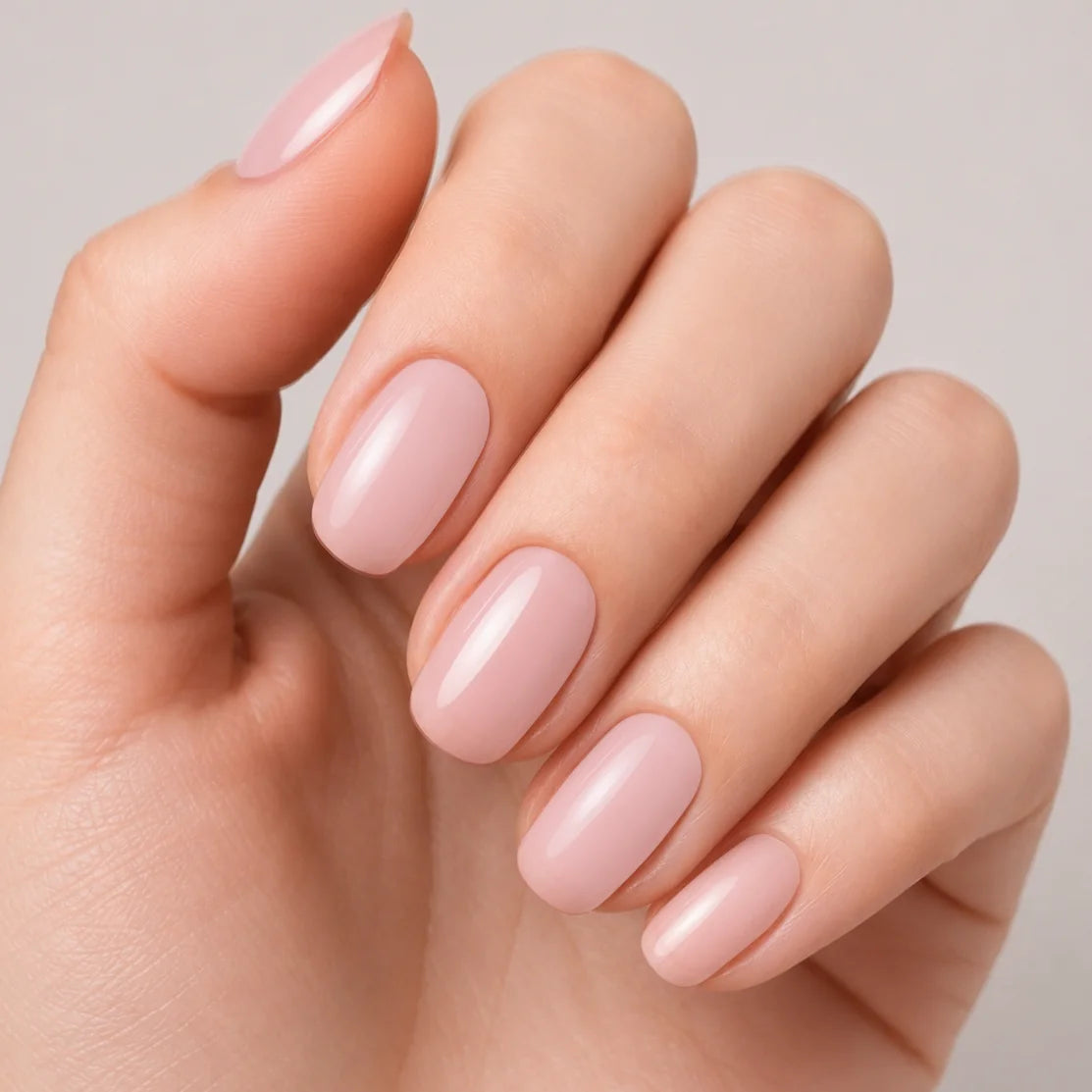 Bandes de vernis gel semi-permanent Geloria Milky Rose posées sur une main