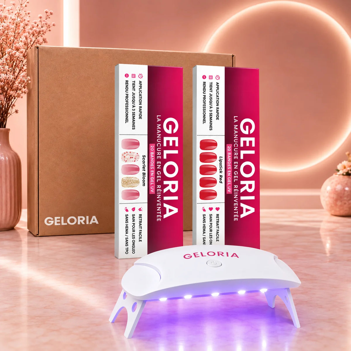 Pack Découverte Geloria : deux étuis de bandes de gel et la lampe LED UV