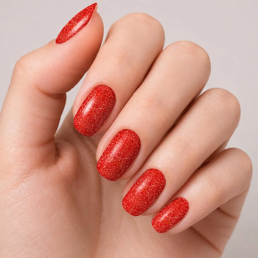 Bandes de vernis gel semi-permanent Geloria Ruby Glitter posées sur une main
