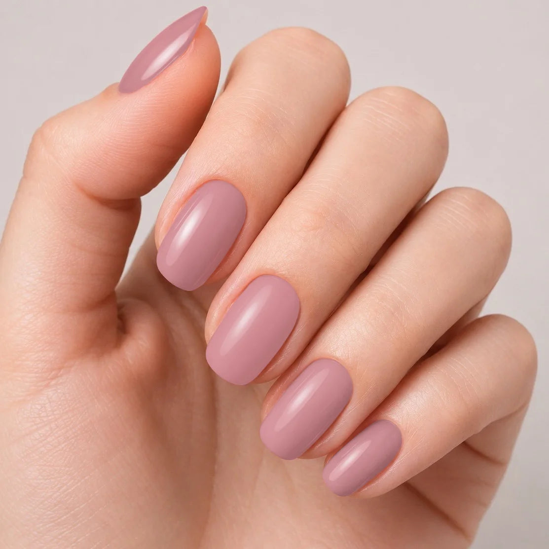 Bandes de vernis gel semi-permanent Geloria Soft Blush posées sur une main